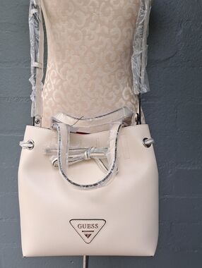 Guess Cream Pebbled Drawstring Shoulder Bag